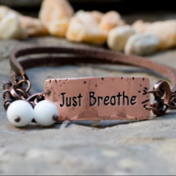 "Just Breathe" Copper & Leather Wrap Bracelet NWT - Picture 2 of 4